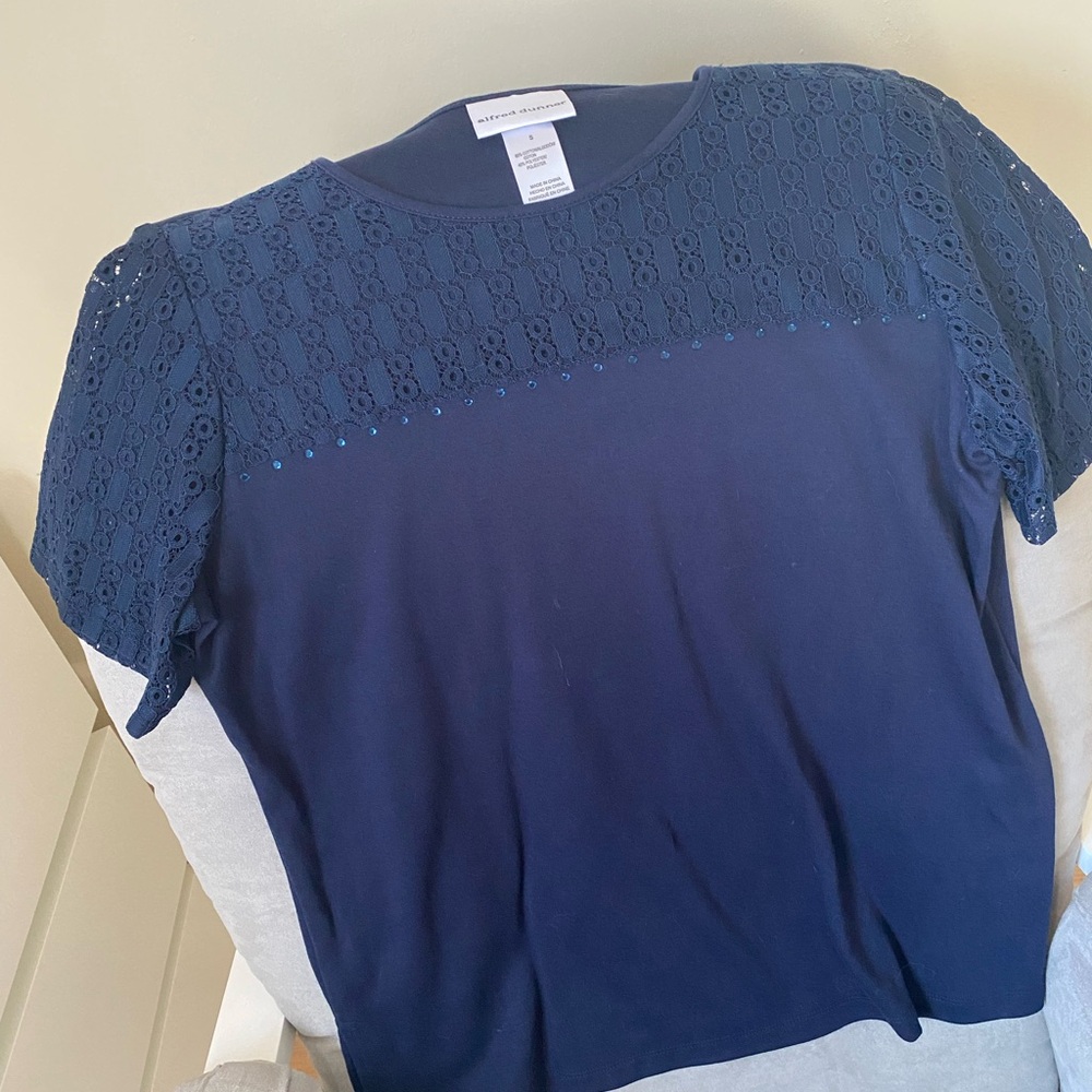 Alfred Dunner Navy Lace-Yoke Short Sleeve Top S